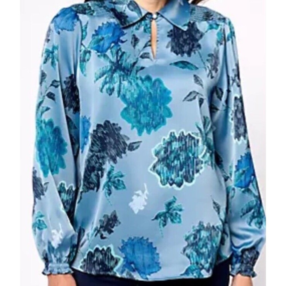Denim & Co Canyon Retreat Women Silky Blouse 1X Blue Floral Long Sleeve Smocked